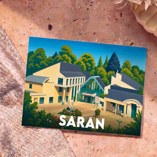 Carte postale souvenir de la ville de Saran avec une illustration stylisée de son architecture moderne et boisée.