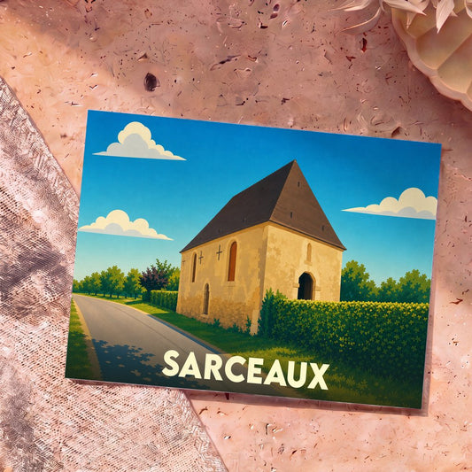Carte postale souvenir de la ville de Sarceaux avec une illustration stylisée d'un monument historique.