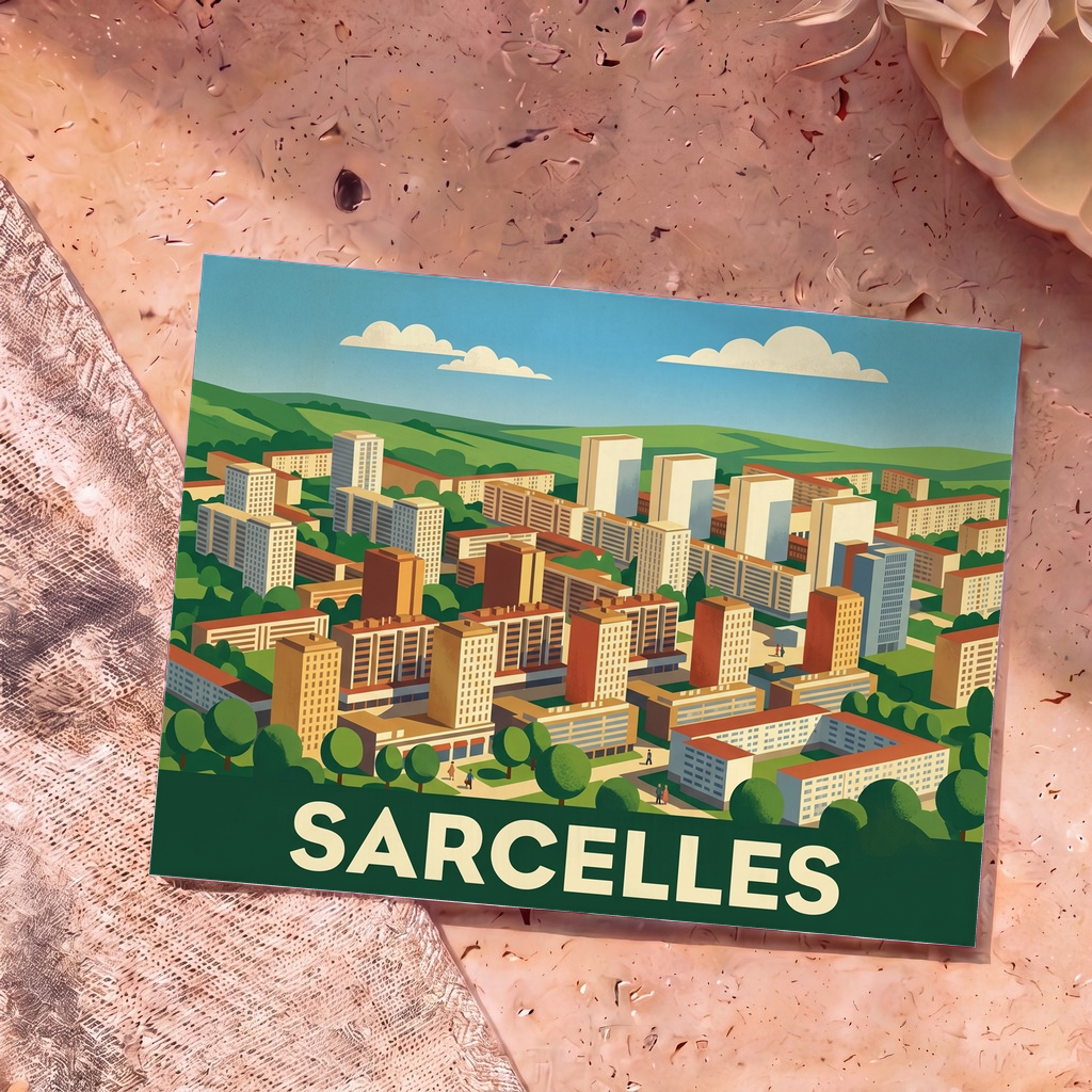 Carte postale souvenir de la ville de Sarcelles avec une illustration stylisée et colorée de ses grands ensembles.