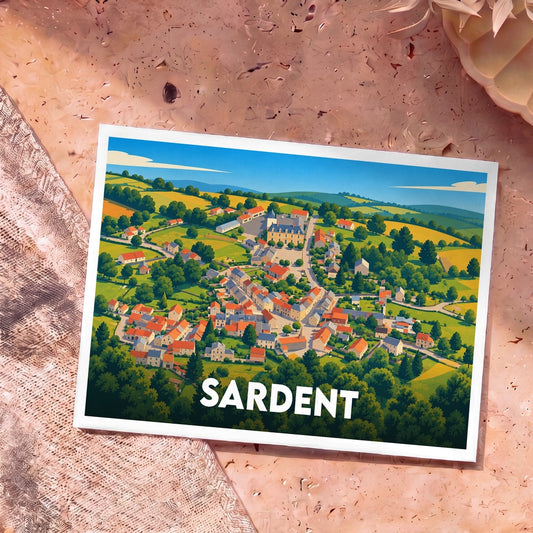 Carte postale souvenir de la ville de Sardent avec une illustration panoramique et colorée de la commune.