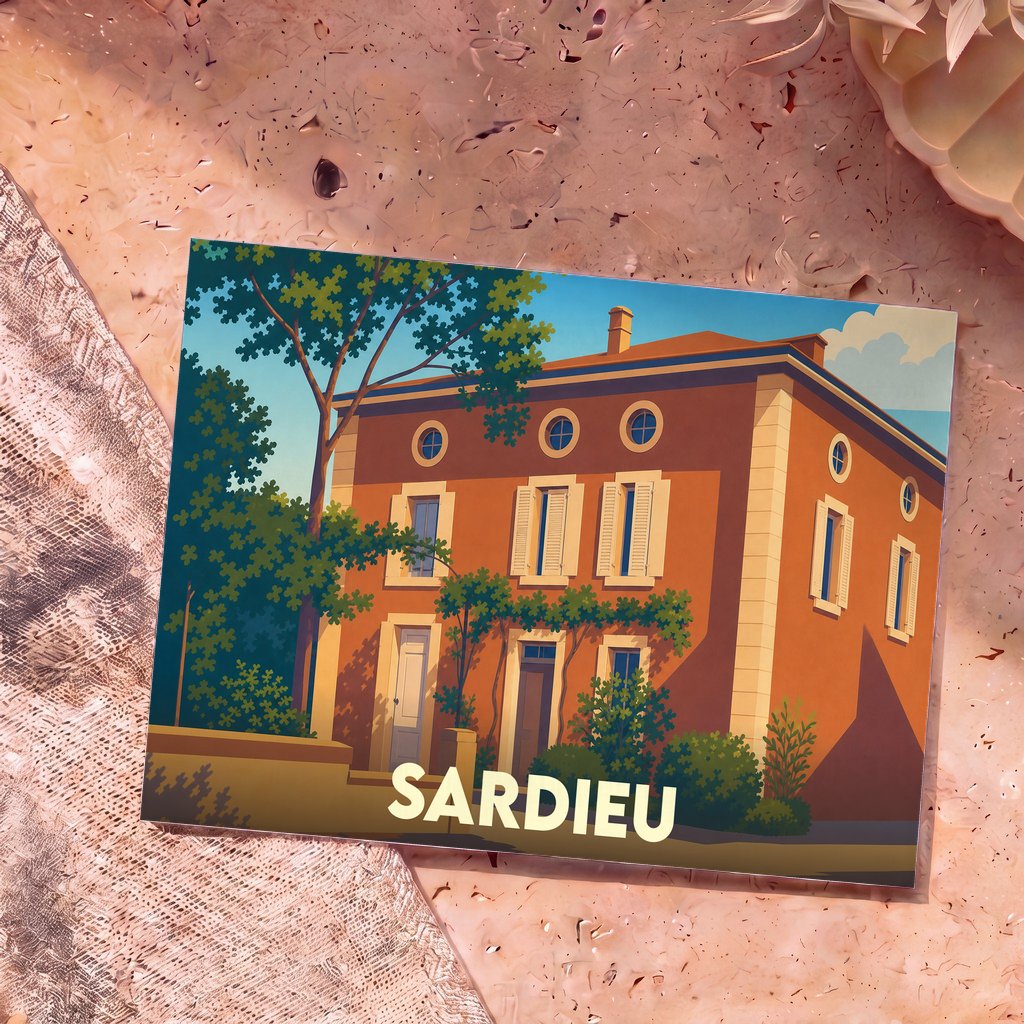 Carte postale souvenir de la ville de Sardieu avec une illustration stylisée d'une maison provençale.