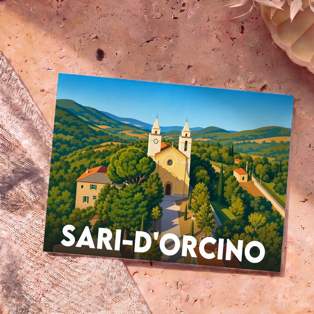 Carte postale souvenir de la ville de Sari-d'Orcino avec une illustration stylisée de son église et des paysages corses environnants.