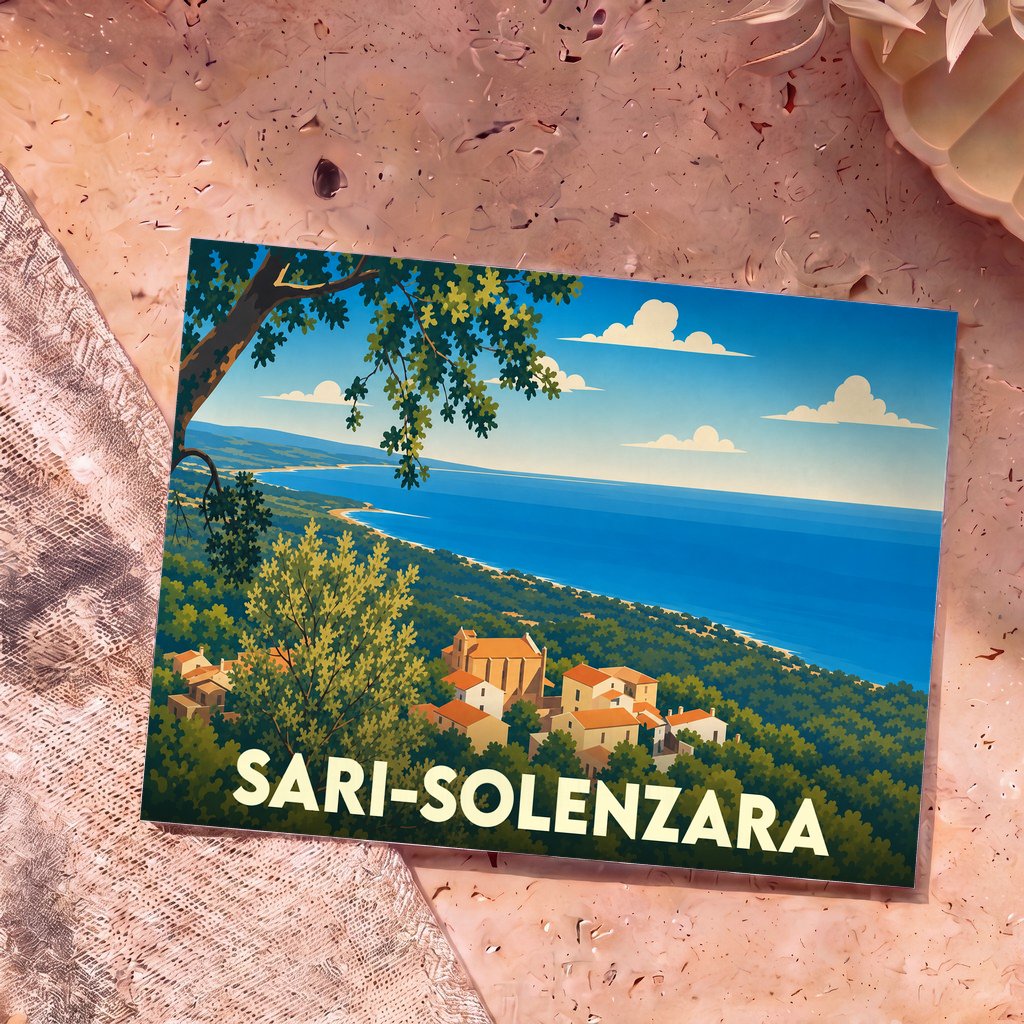 Carte postale souvenir de la ville de Sari-Solenzara avec une illustration stylisée de la côte corse.