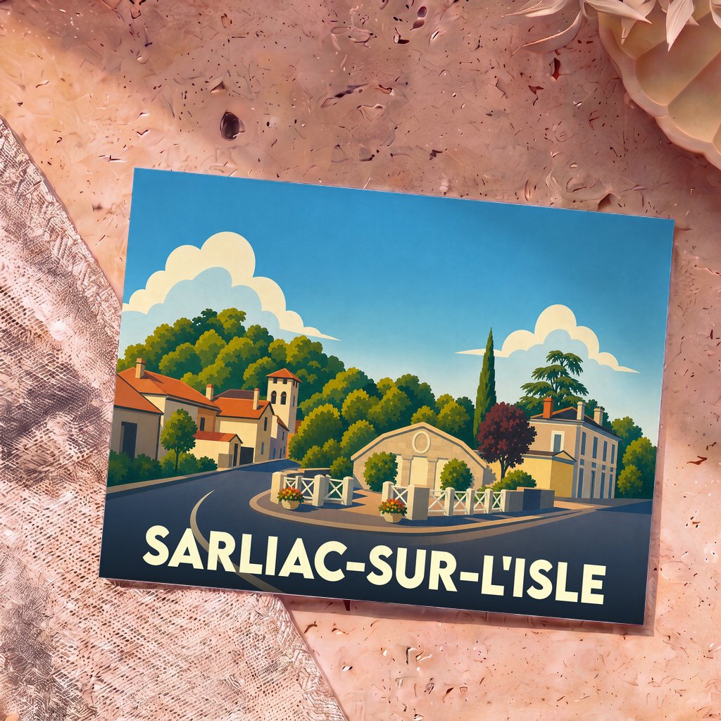 Carte postale souvenir de la ville de Sarliac-sur-l'Isle avec une illustration stylisée.