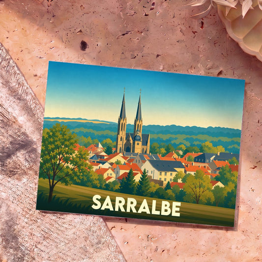 Carte postale souvenir de la ville de Sarralbe avec une illustration stylisée de son église et de ses toits.