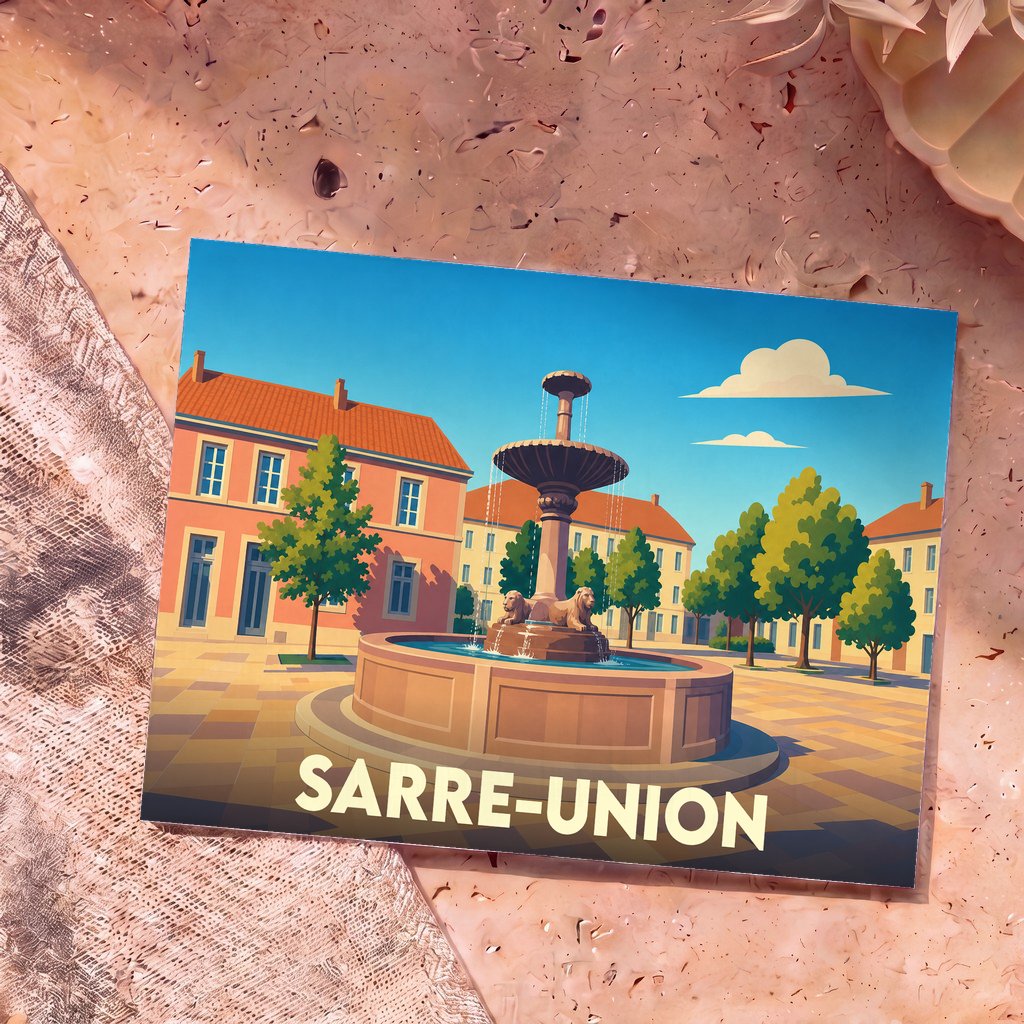 Carte postale souvenir de la ville de Sarre-Union avec une illustration stylisée de sa place et de sa fontaine.