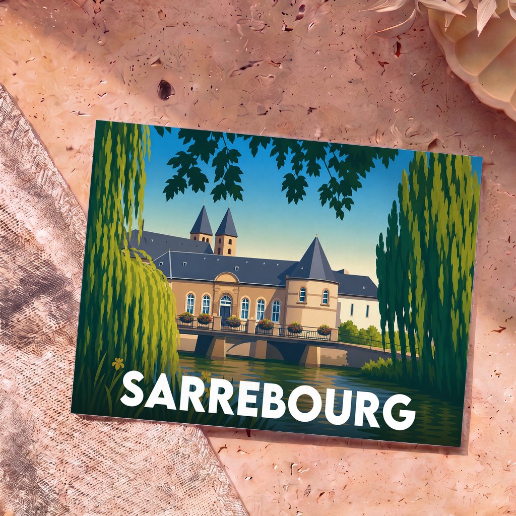 Carte postale souvenir de la ville de Sarrebourg avec une illustration stylisée.
