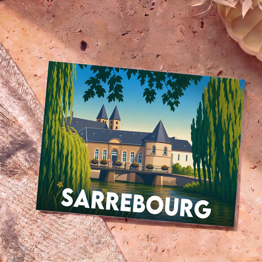 Carte postale souvenir de la ville de Sarrebourg avec une illustration stylisée.