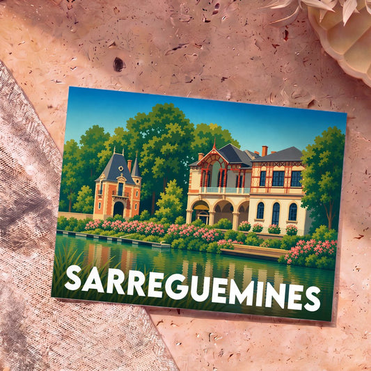 Carte postale souvenir de la ville de Sarreguemines illustrant le Moulin de la Blies dans un style rétro et coloré.