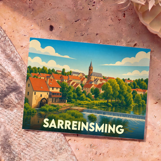 Carte postale souvenir de la ville de Sarreinsming avec une illustration colorée et stylisée de son paysage fluvial.