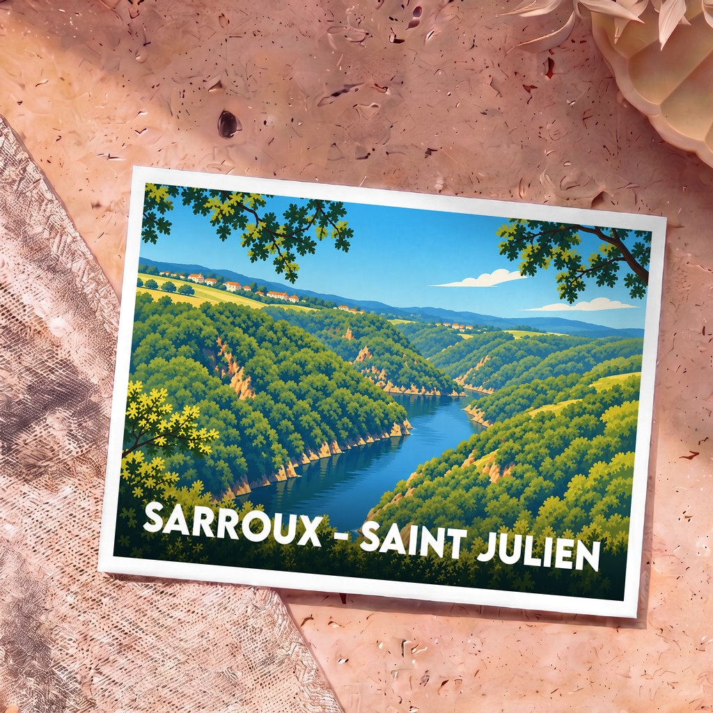 Carte postale souvenir de la ville de Sarroux - Saint Julien avec une illustration stylisée d'un paysage de rivière et de collines boisées.