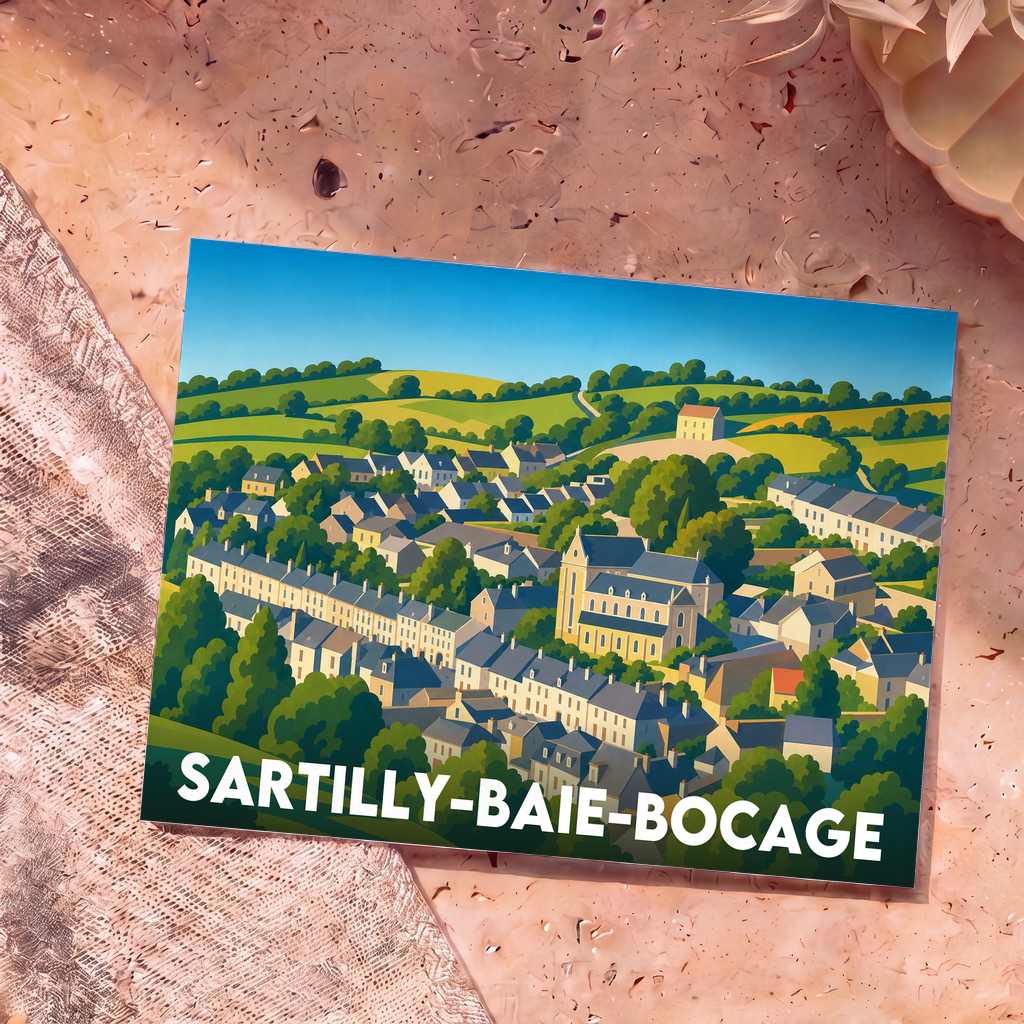 Carte postale souvenir de la ville de Sartilly-Baie-Bocage avec une illustration stylisée et colorée du village.