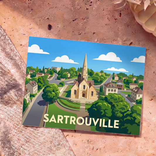 Carte postale souvenir de la ville de Sartrouville arborant une illustration stylisée de son église et de son paysage urbain.