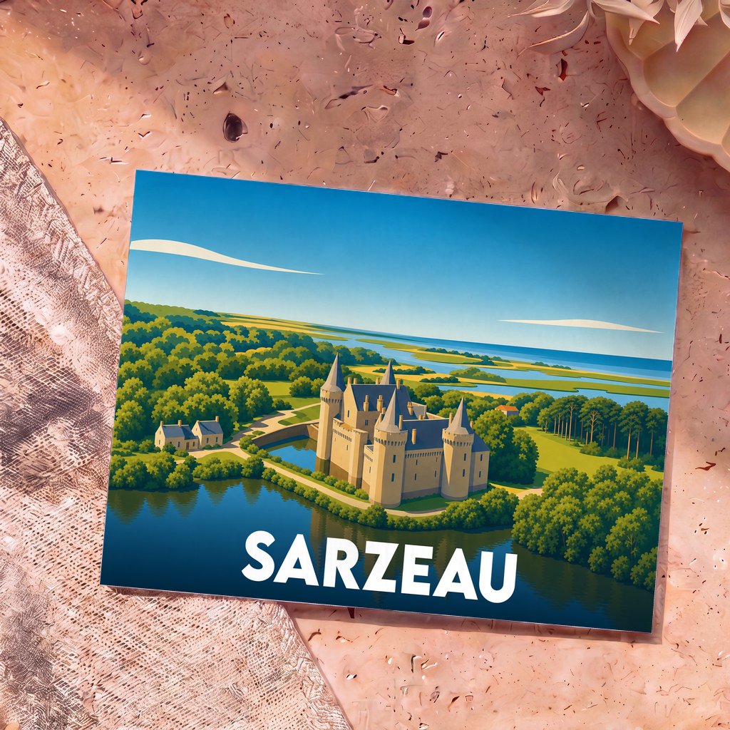 Carte postale souvenir de la ville de Sarzeau illustrant le château de Suscinio dans un style graphique et épuré.