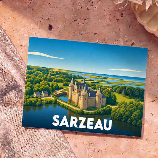 Carte postale souvenir de la ville de Sarzeau illustrant le château de Suscinio dans un style graphique et épuré.