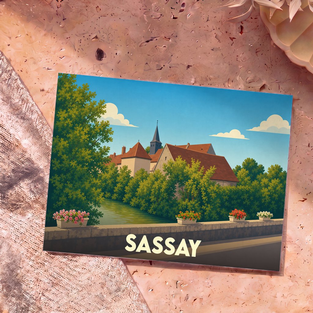 Carte postale souvenir de la ville de Sassay avec une illustration stylisée d'un village en bord de rivière.