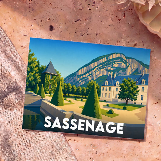 Carte postale souvenir de la ville de Sassenage présentant une illustration stylisée de son château et des montagnes environnantes.
