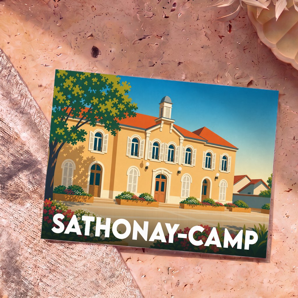 Carte postale souvenir de la ville de Sathonay-Camp illustrant sa mairie dans un style graphique et coloré.