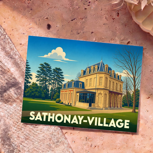 Carte postale souvenir de Sathonay-Village illustrant une grande demeure de style classique dans un parc arboré.