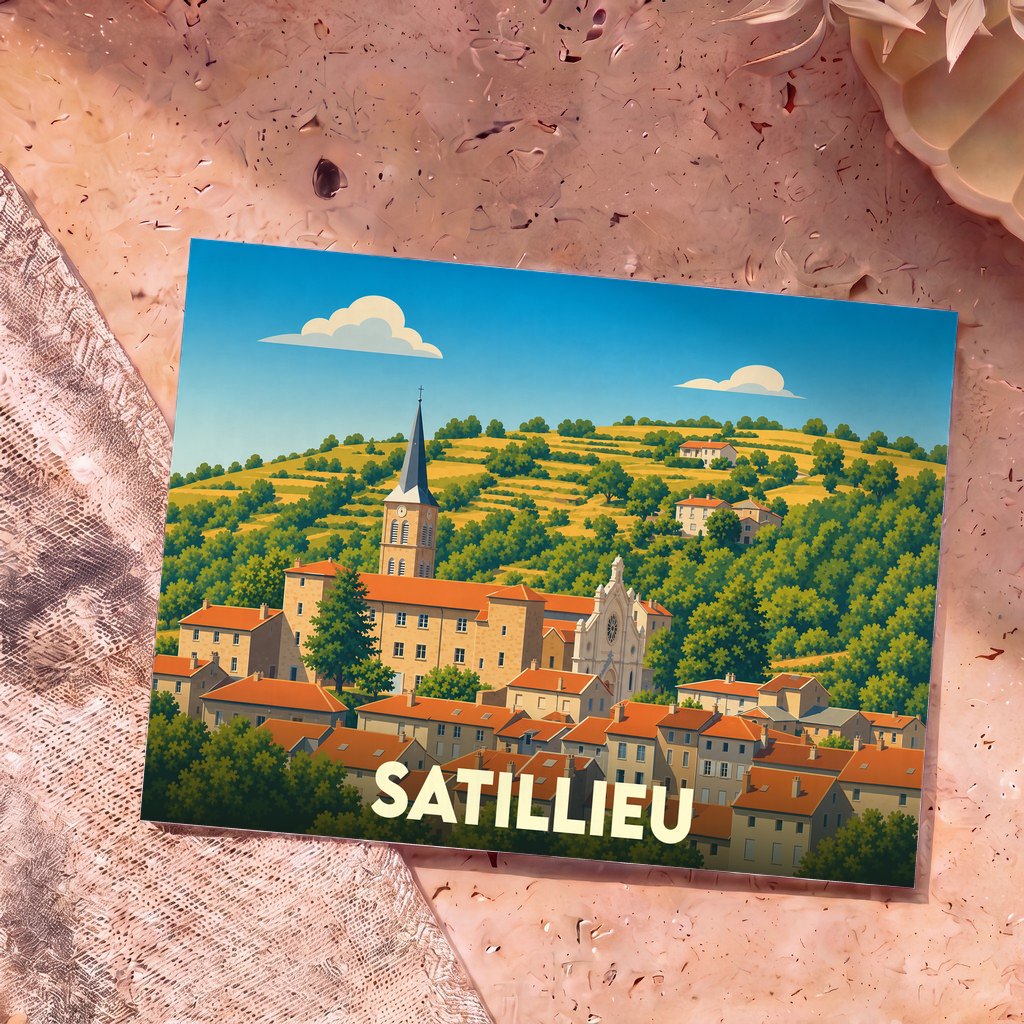Carte postale souvenir de la ville de Satillieu avec une illustration stylisée et colorée de ses paysages et de son église.