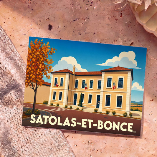 Carte postale souvenir de la ville de Satolas-et-Bonce avec une illustration stylisée de la mairie.