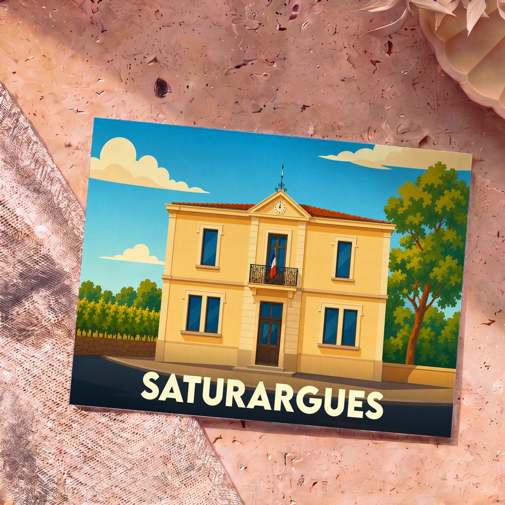 Carte postale souvenir de la ville de Saturargues illustrant sa mairie dans un style graphique épuré.