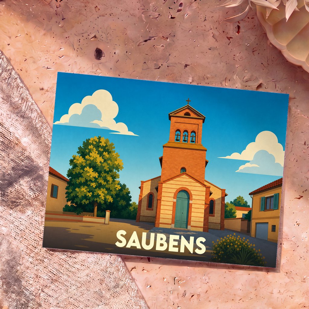 Carte postale souvenir de la ville de Saubens avec une illustration stylisée de son église.