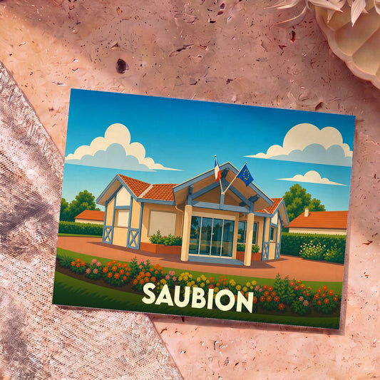 Carte postale souvenir de la ville de Saubion avec une illustration colorée de la mairie.