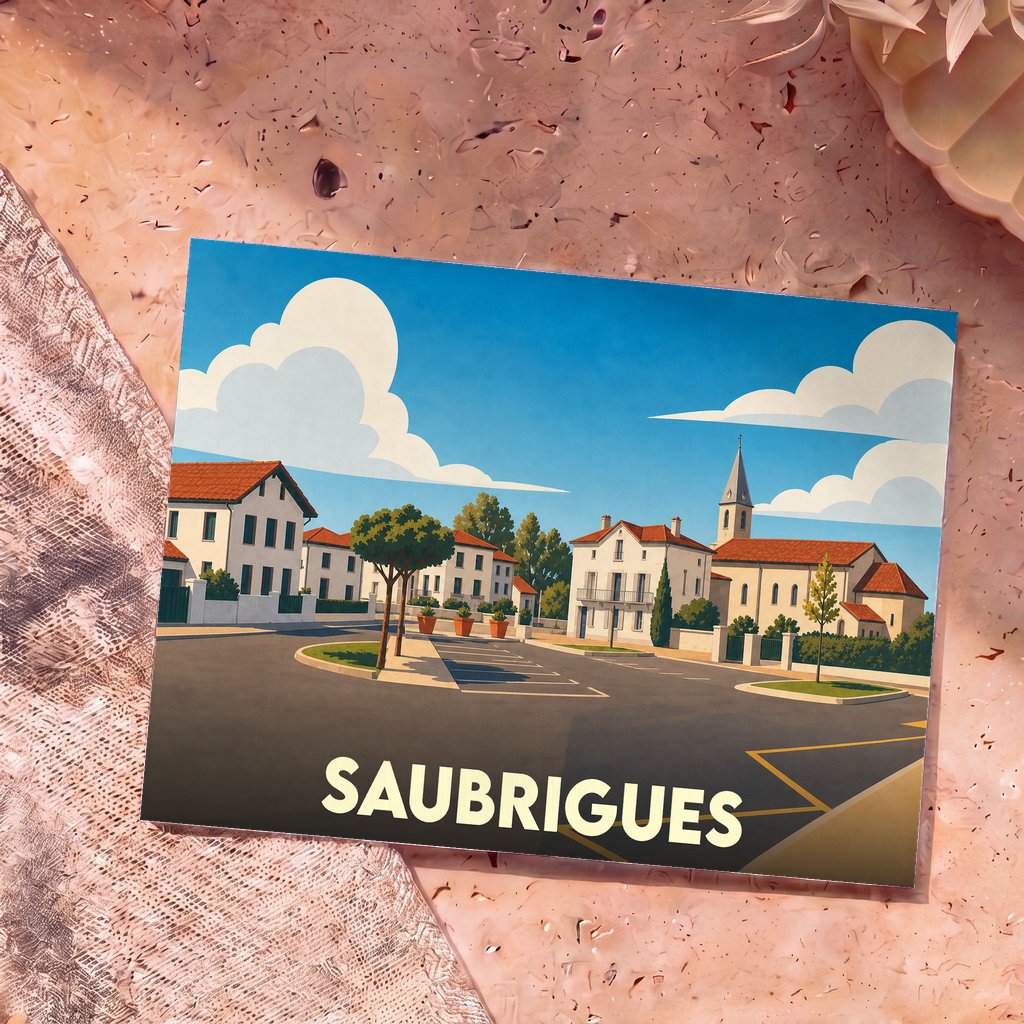 Carte postale souvenir de la ville de Saubrigues avec une illustration stylisée de son centre-bourg.