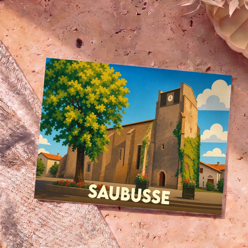 Carte postale souvenir de la ville de Saubusse avec une illustration stylisée de son église.