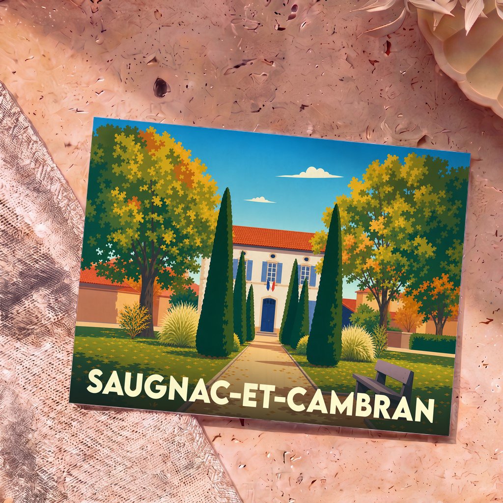 Carte postale souvenir de la ville de Saugnac-et-Cambran avec une illustration stylisée d'une demeure landaise.