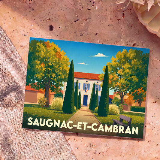 Carte postale souvenir de la ville de Saugnac-et-Cambran avec une illustration stylisée d'une demeure landaise.