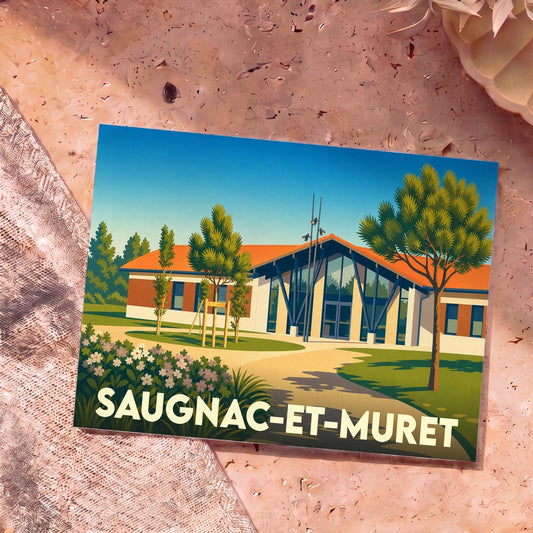 Carte postale souvenir de la ville de Saugnac-et-Muret avec une illustration stylisée de son architecture locale.