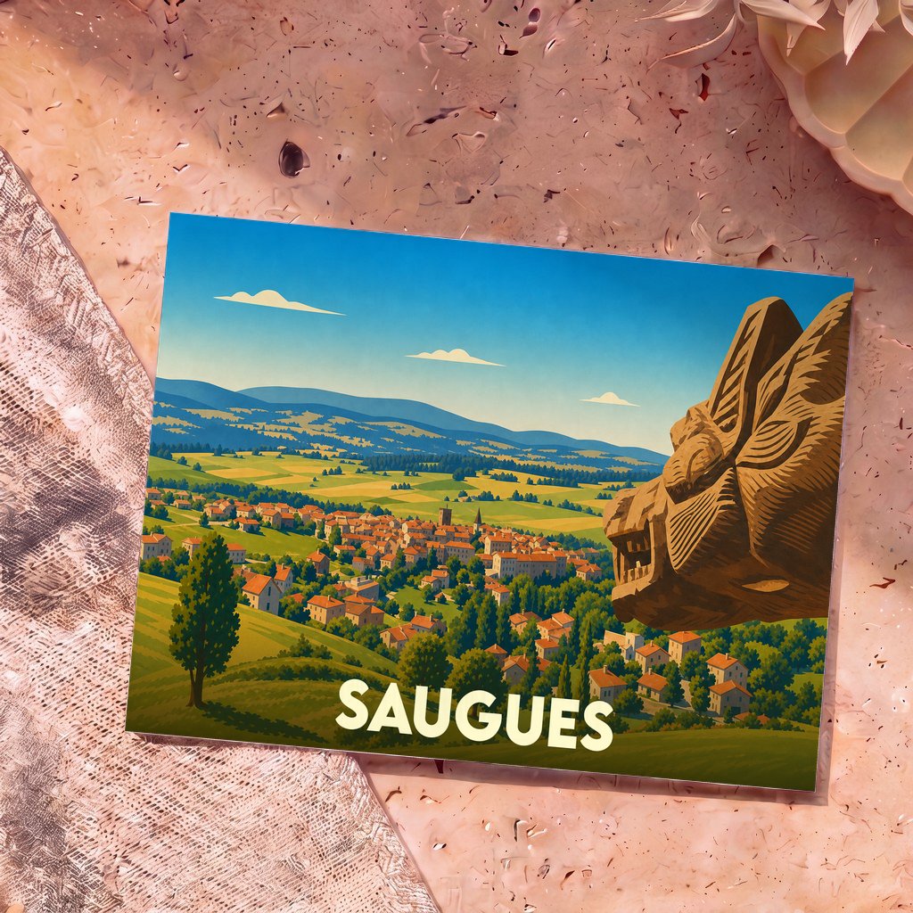 Carte postale souvenir de la ville de Saugues avec une illustration stylisée d'un paysage de campagne et la bête du Gévaudan.