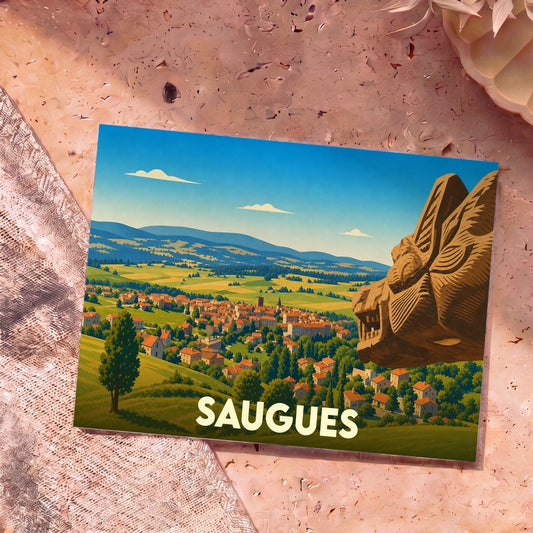 Carte postale souvenir de la ville de Saugues avec une illustration stylisée d'un paysage de campagne et la bête du Gévaudan.