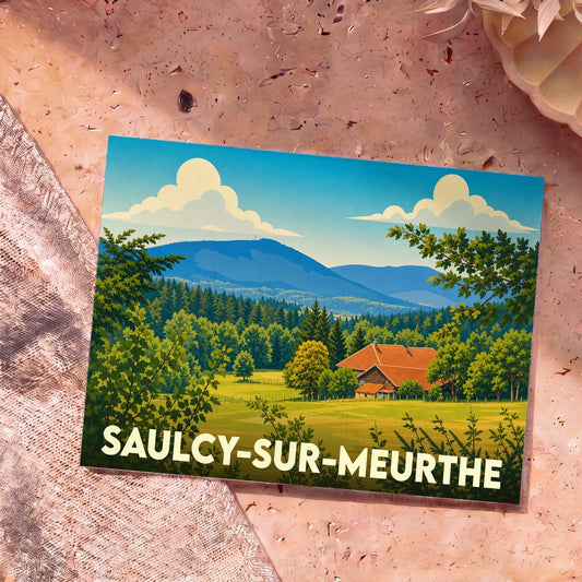 Carte postale souvenir de la ville de Saulcy-sur-Meurthe avec une illustration stylisée de paysages vosgiens.