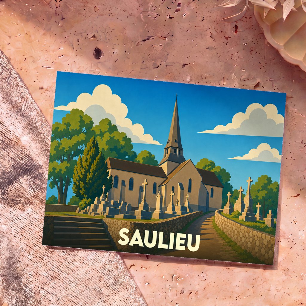 Carte postale souvenir de la ville de Saulieu illustrant son église et son cimetière dans un style graphique épuré.