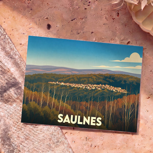 Carte postale souvenir de la ville de Saulnes illustrant un panorama boisé et vallonné dans un style graphique épuré.