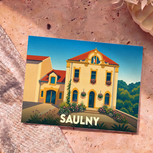 Carte postale souvenir de la ville de Saulny présentant une illustration stylisée et colorée de la mairie.