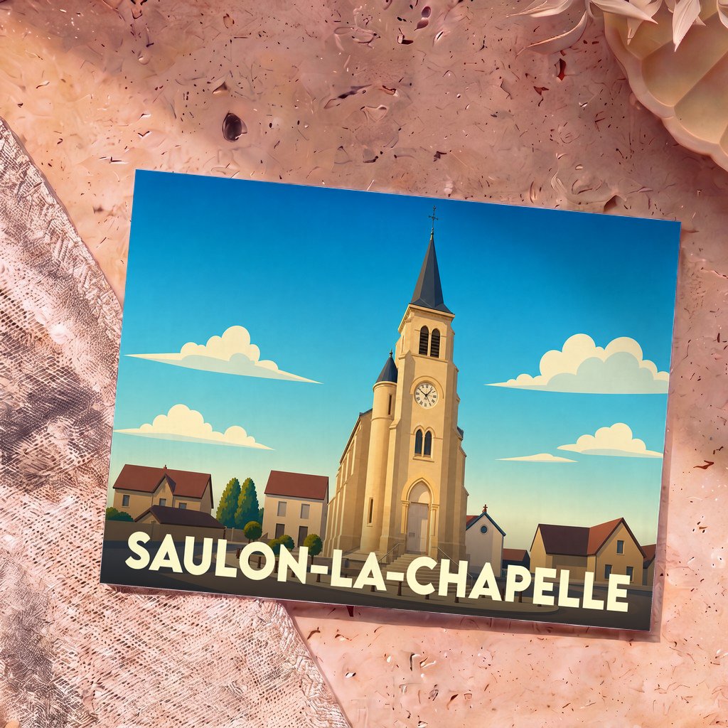 Carte postale souvenir de la ville de Saulon-la-Chapelle avec une illustration stylisée de son église sous un ciel bleu.