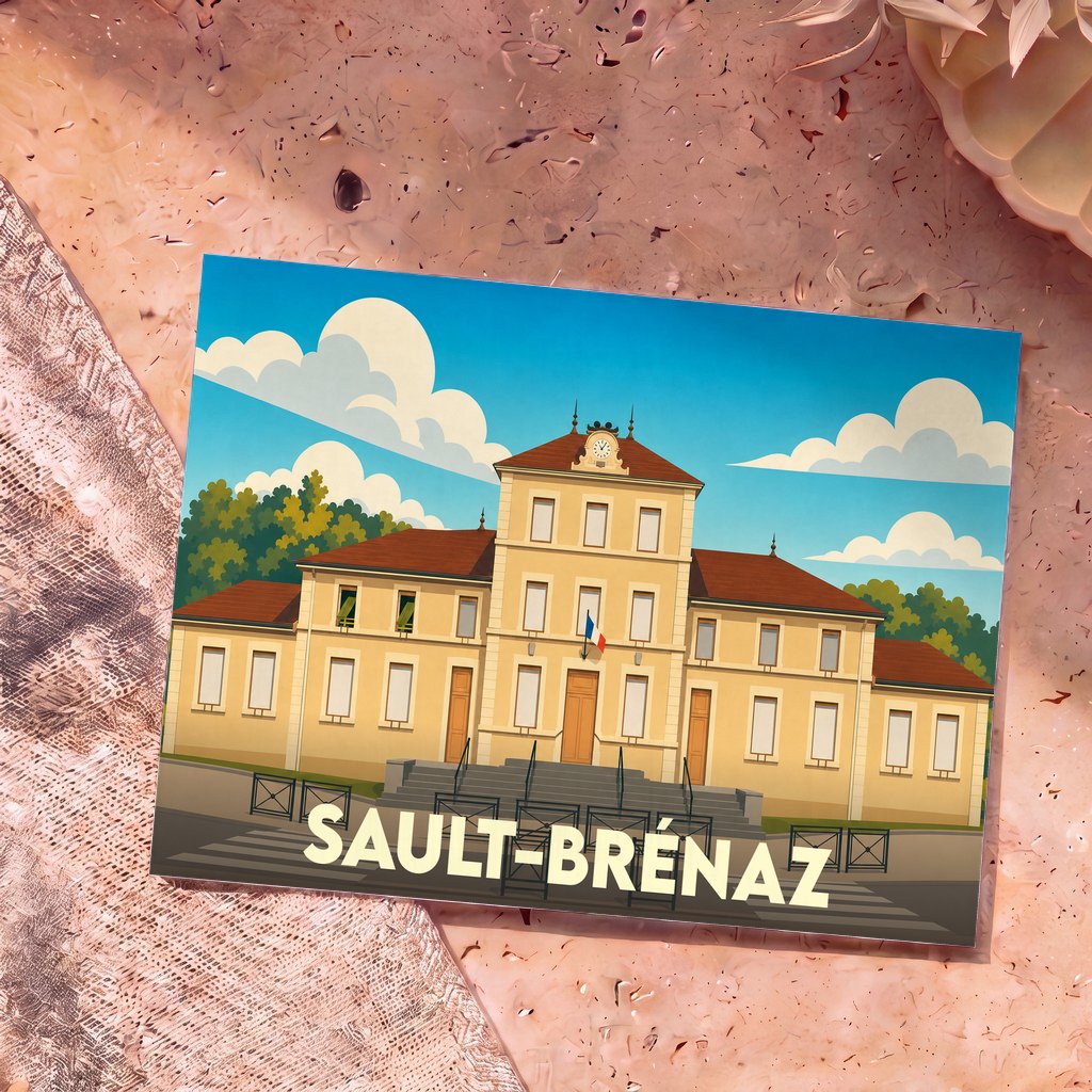 Carte postale souvenir de la ville de Sault-Brénaz illustrant sa mairie dans un style graphique épuré.