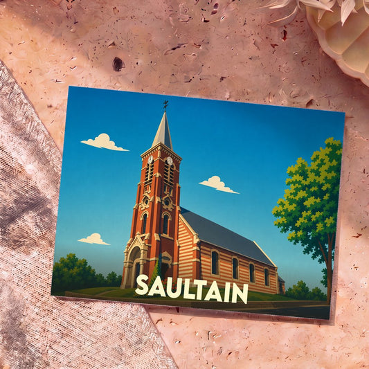 Carte postale souvenir de la ville de Saultain illustrant son église dans un style graphique épuré.