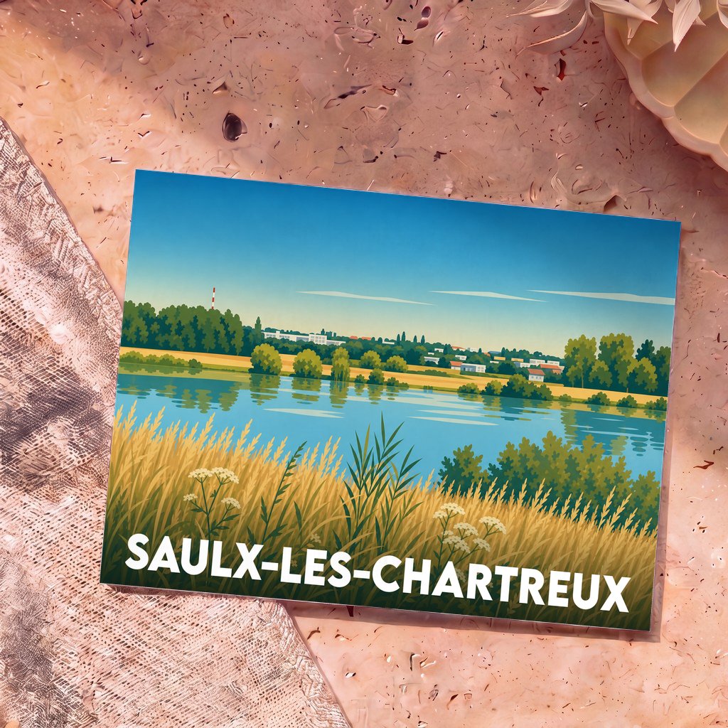 Carte postale souvenir de la ville de Saulx-les-Chartreux illustrant un paysage de bord de rivière stylisé.