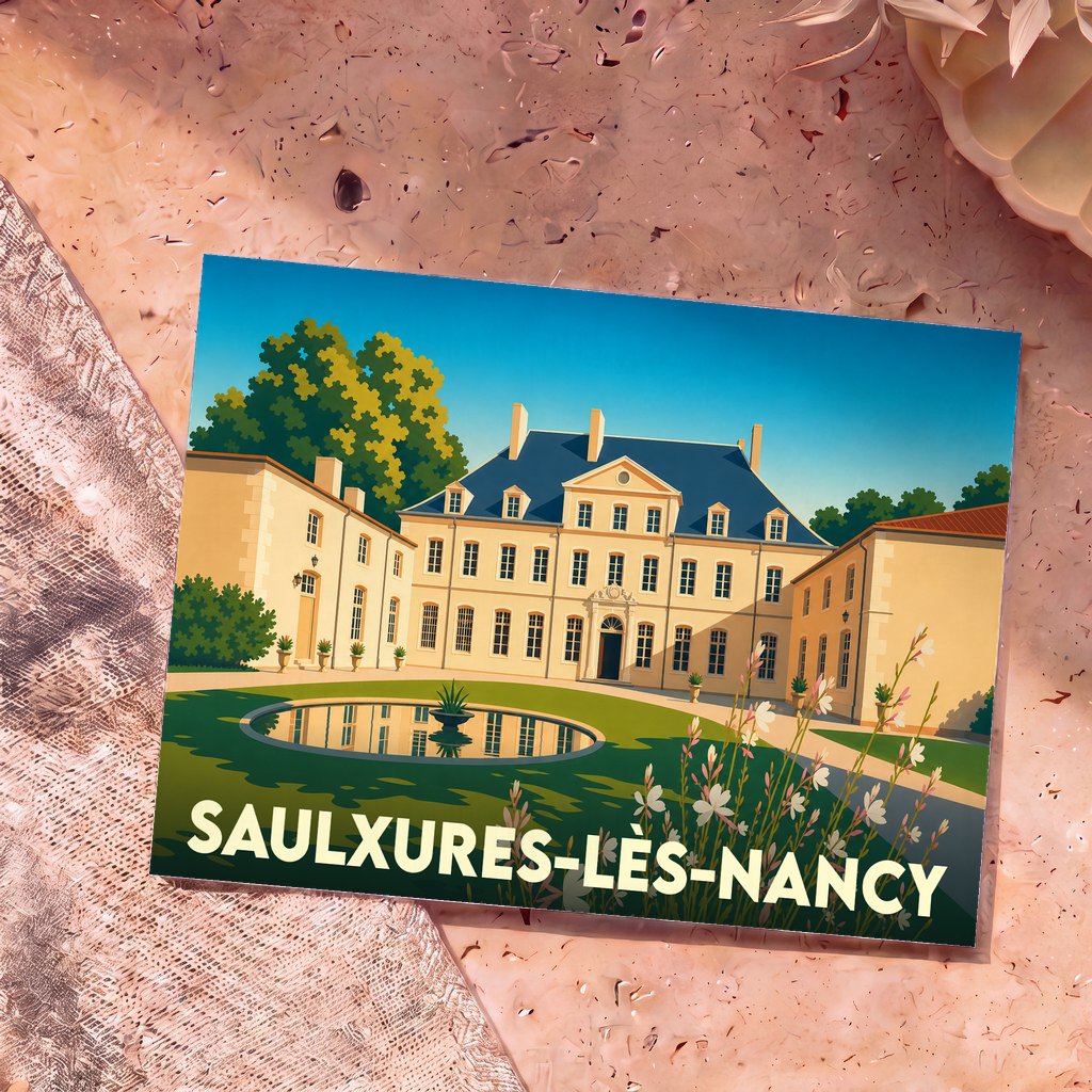 Carte postale souvenir de la ville de Saulxures-lès-Nancy illustrant son château dans un style épuré.