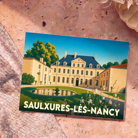 Carte postale souvenir de la ville de Saulxures-lès-Nancy illustrant son château dans un style épuré.