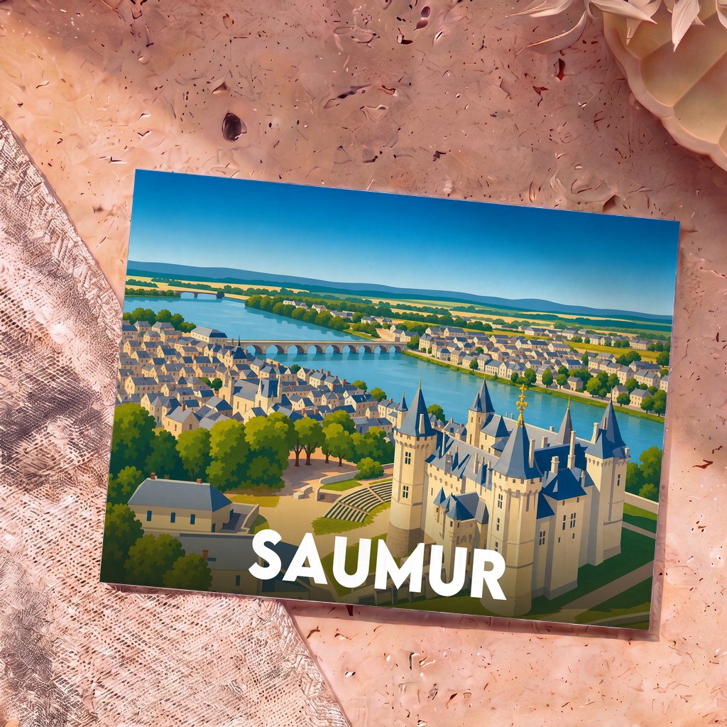 Carte postale souvenir de la ville de Saumur illustrant son château et la Loire dans un style graphique épuré.