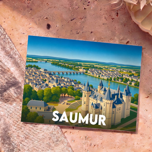 Carte postale souvenir de la ville de Saumur illustrant son château et la Loire dans un style graphique épuré.