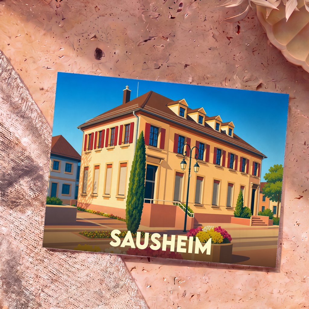 Carte postale souvenir de la ville de Sausheim avec une illustration stylisée de l'hôtel de ville.