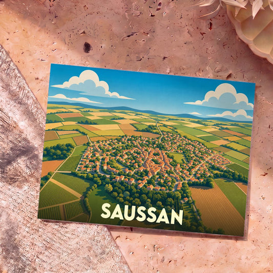 Carte postale souvenir de la ville de Saussan avec une illustration stylisée vue du ciel.