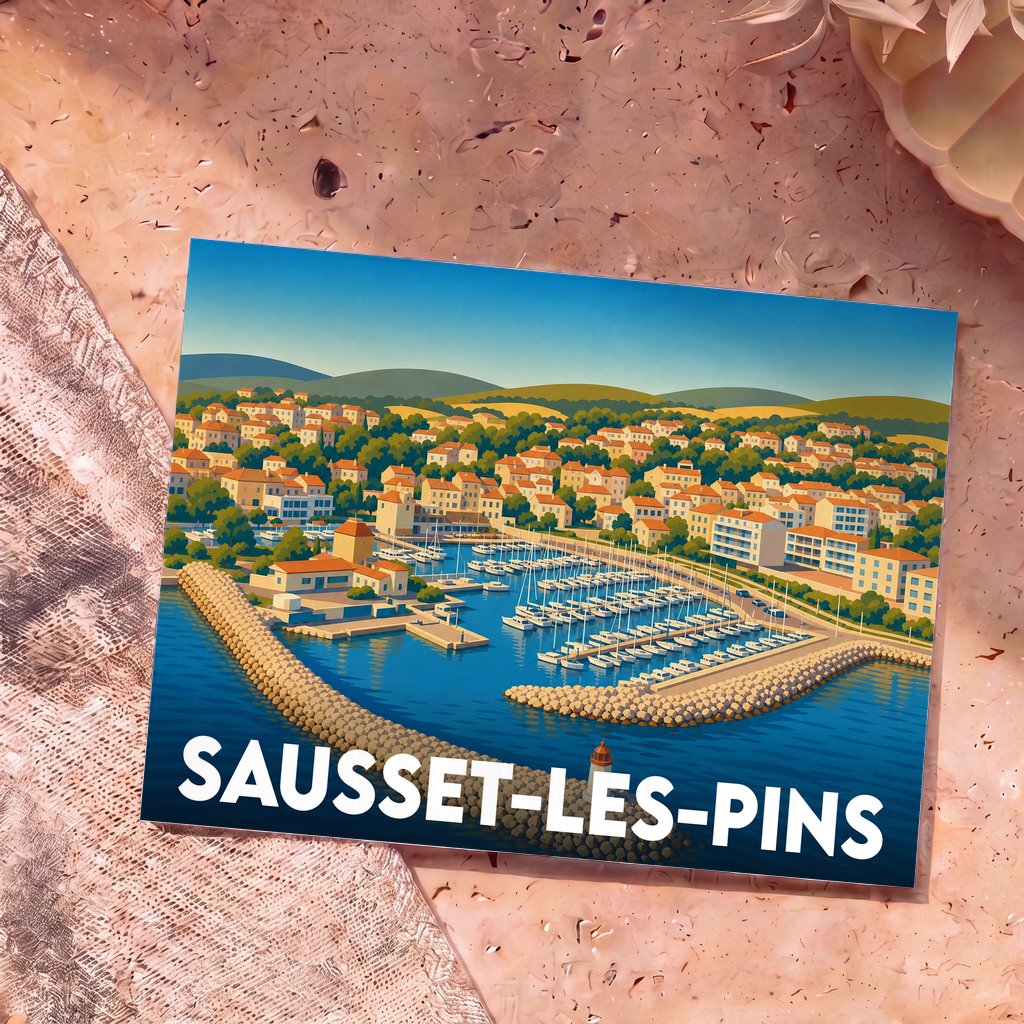Carte postale souvenir de la ville de Sausset-les-Pins avec une illustration stylisée de son port de plaisance.